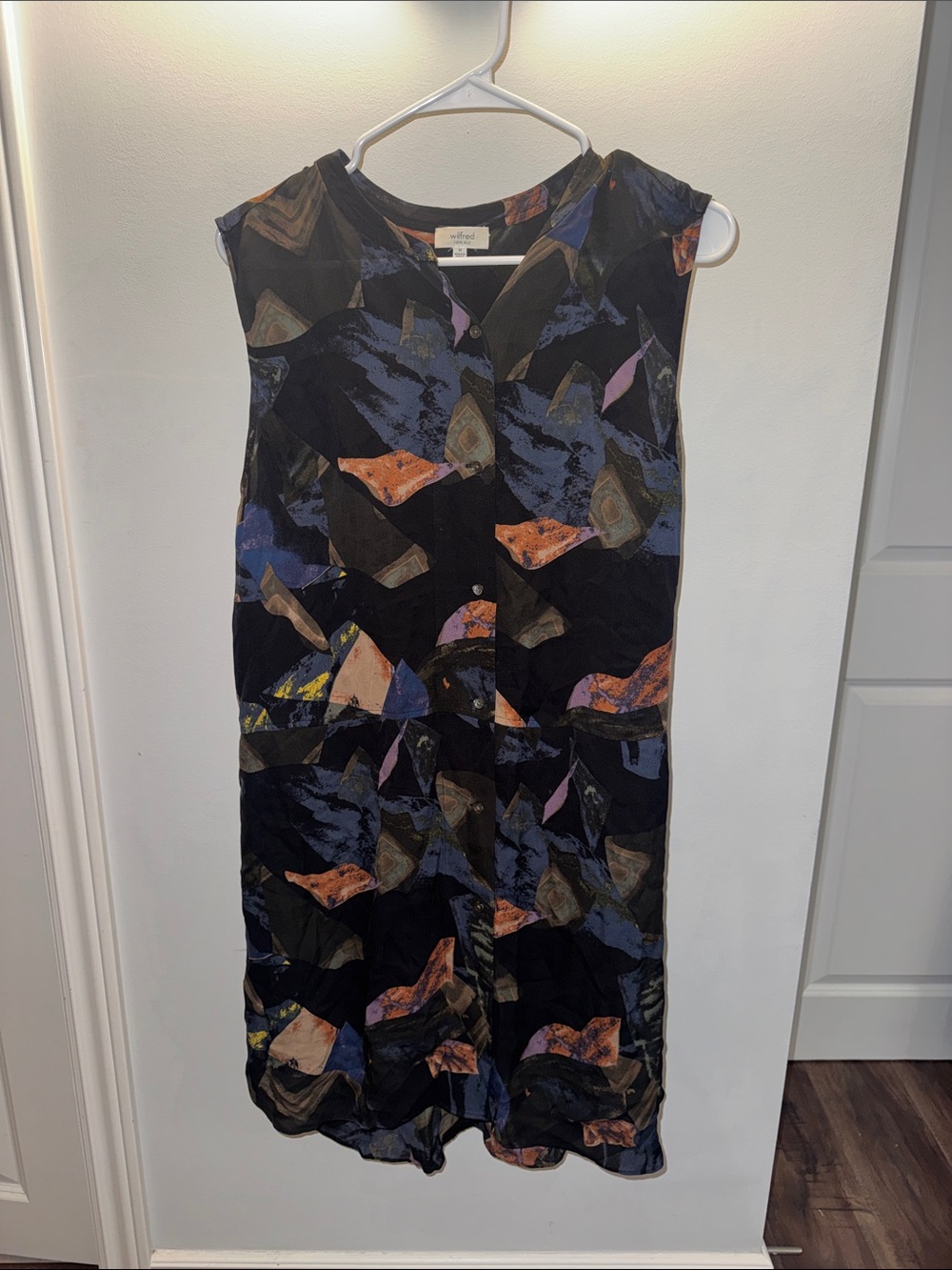 Aritzia Black Sleeveless Abstract Mini Dress with Blue and Orange Accents